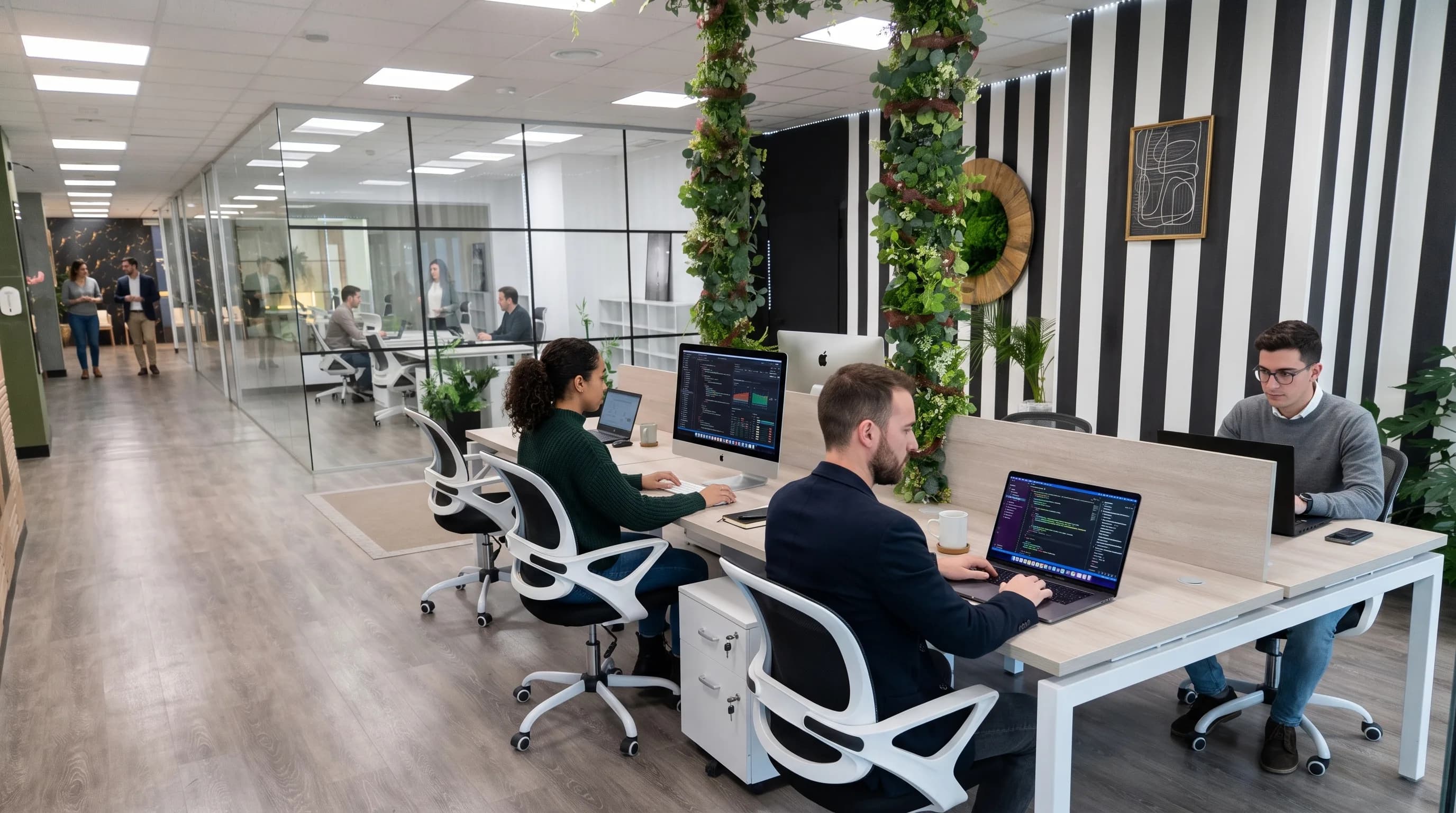Zona de coworking con luz natural en Nexus Business Center